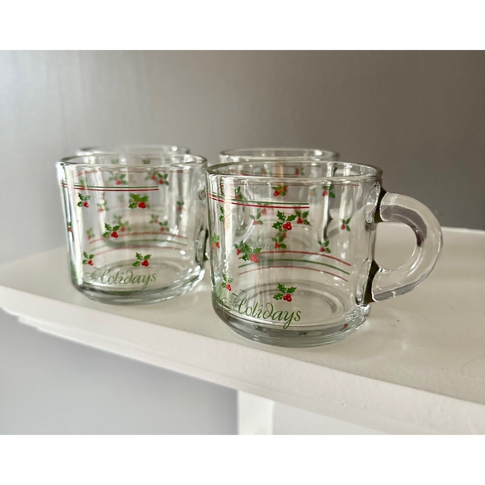 Anchor Hocking Vintage Christmas Holly Berry Holiday Mugs Winter Cups Set of 4